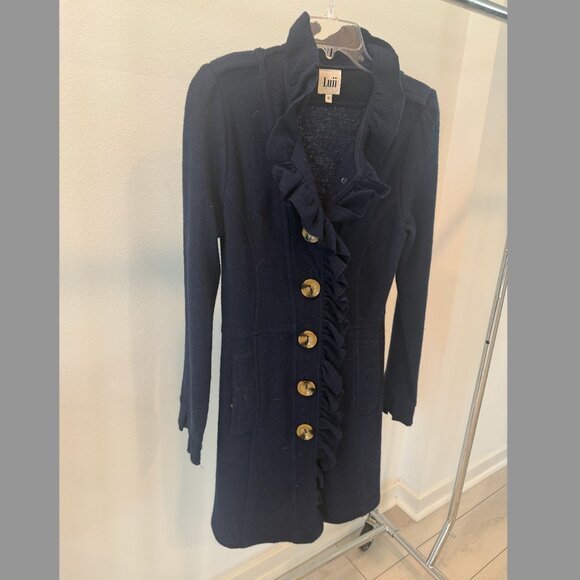 Luii Navy Ruffle Wool-Blend Coat – Size Small - Picture 1 of 5